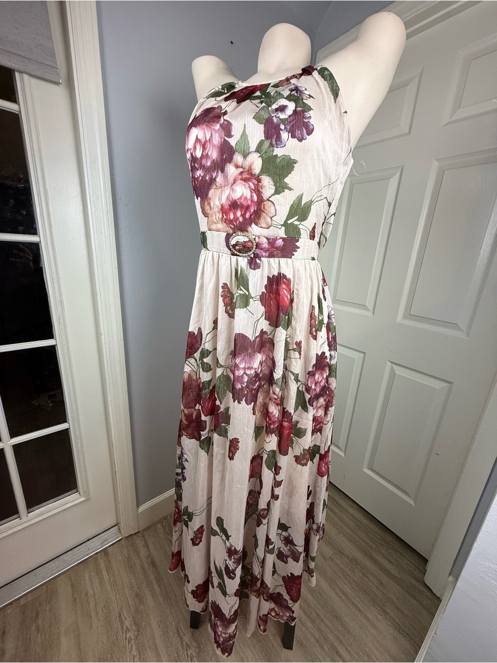 Floral Halter Maxi Dress in Cream with Burgundy Roses